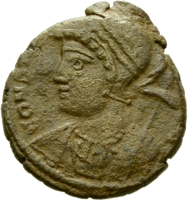 Constantine I obverse — Bust of Constantinopolis, laureate, helmeted, wearing imperial cloak, left, holding reversed spear in right hand