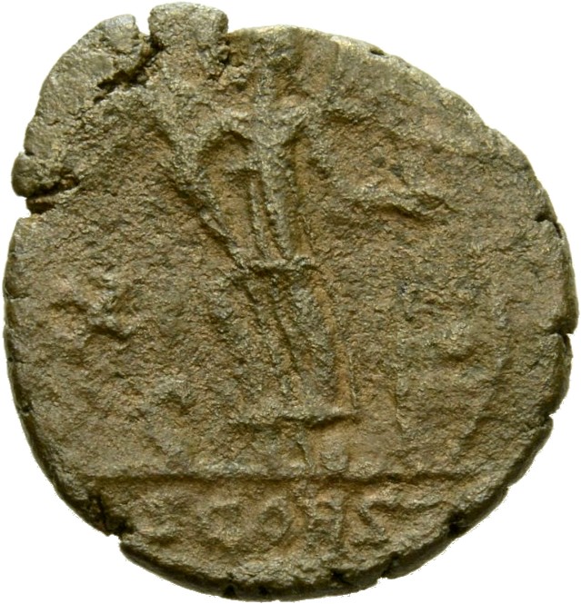 Constantine I reverse — Victory, winged, draped, standing left on prow, holding long sceptre in right hand and resting left hand on shield