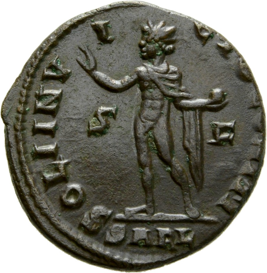RIC VII Arelate 57 Constantine I reverse, Sol, radiate, chlamys draped across left shoulder, standing left, raising right ...
