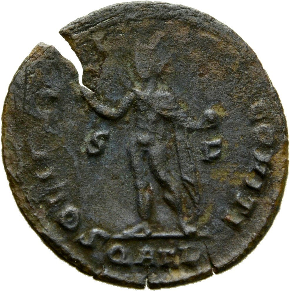 Constantine I reverse — Sol, radiate, chlamys draped across left shoulder, standing left, raising right hand and holding globe in left hand