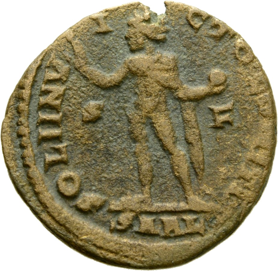 RIC VII Arelate 59 Constantine I reverse, Sol, radiate, chlamys draped across left shoulder, standing left, raising right ...