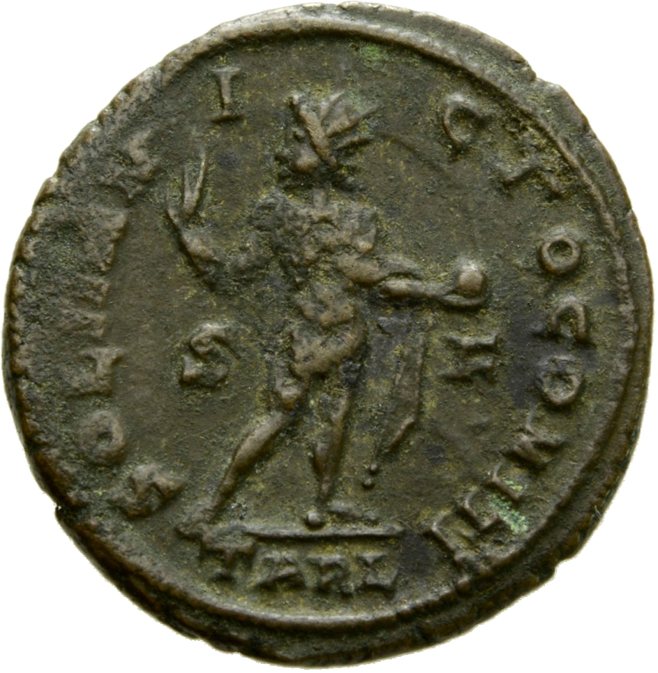 RIC VII Arelate 63 Constantine I reverse, Sol, radiate, chlamys draped across left shoulder, standing right, head left, ra...