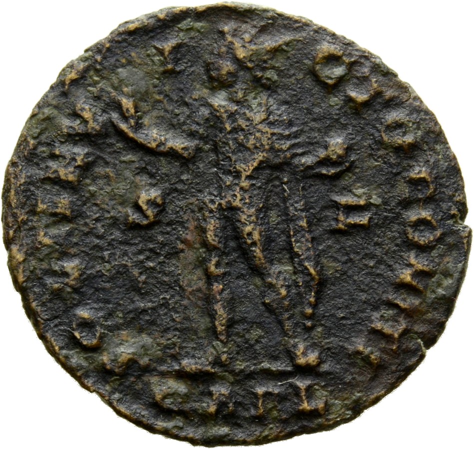 Constantine I reverse — Sol, radiate, chlamys draped across left shoulder, standing right, head left, raising right hand and holding globe in left hand