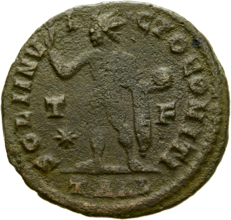 RIC VII Arelate 80 Constantine I reverse, Sol, radiate, chlamys draped across left shoulder, standing left, raising right ...