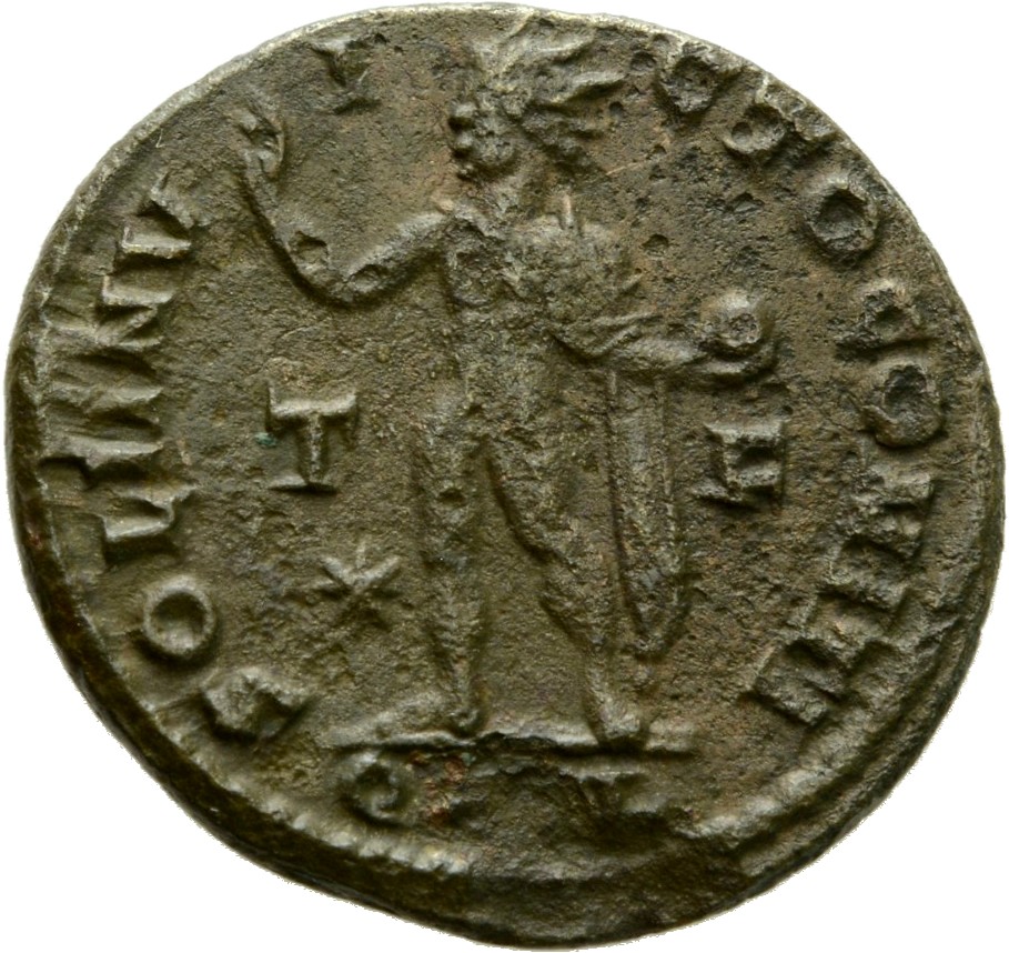 Constantine I reverse — Sol, radiate, chlamys draped across left shoulder, standing left, raising right hand and holding globe in left hand