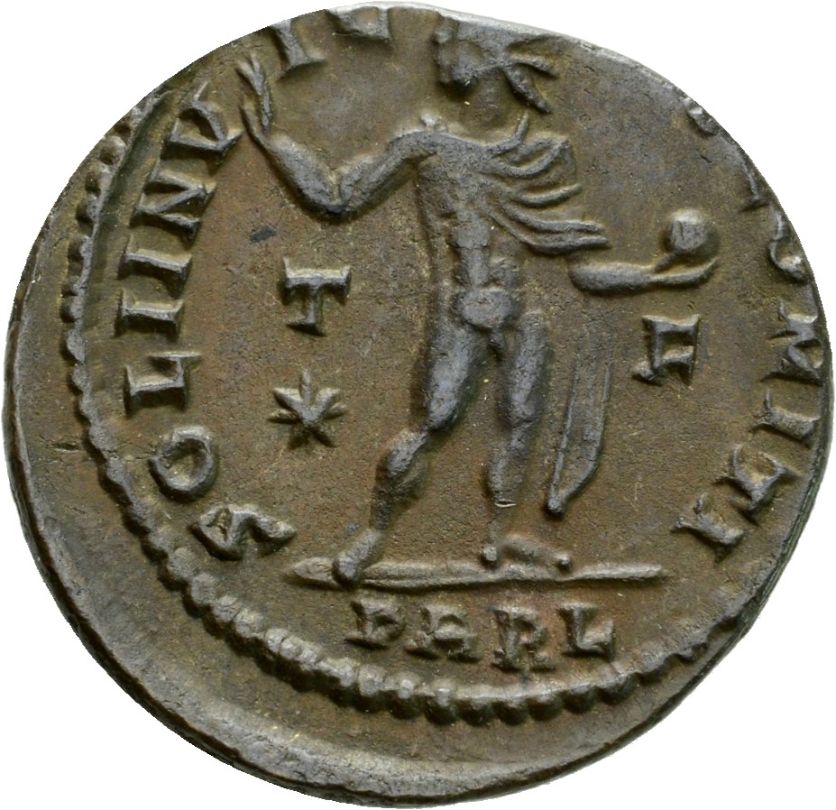 RIC VII Arelate 84 Constantine I reverse, Sol, radiate, chlamys draped across left shoulder, standing right, head left, ra...