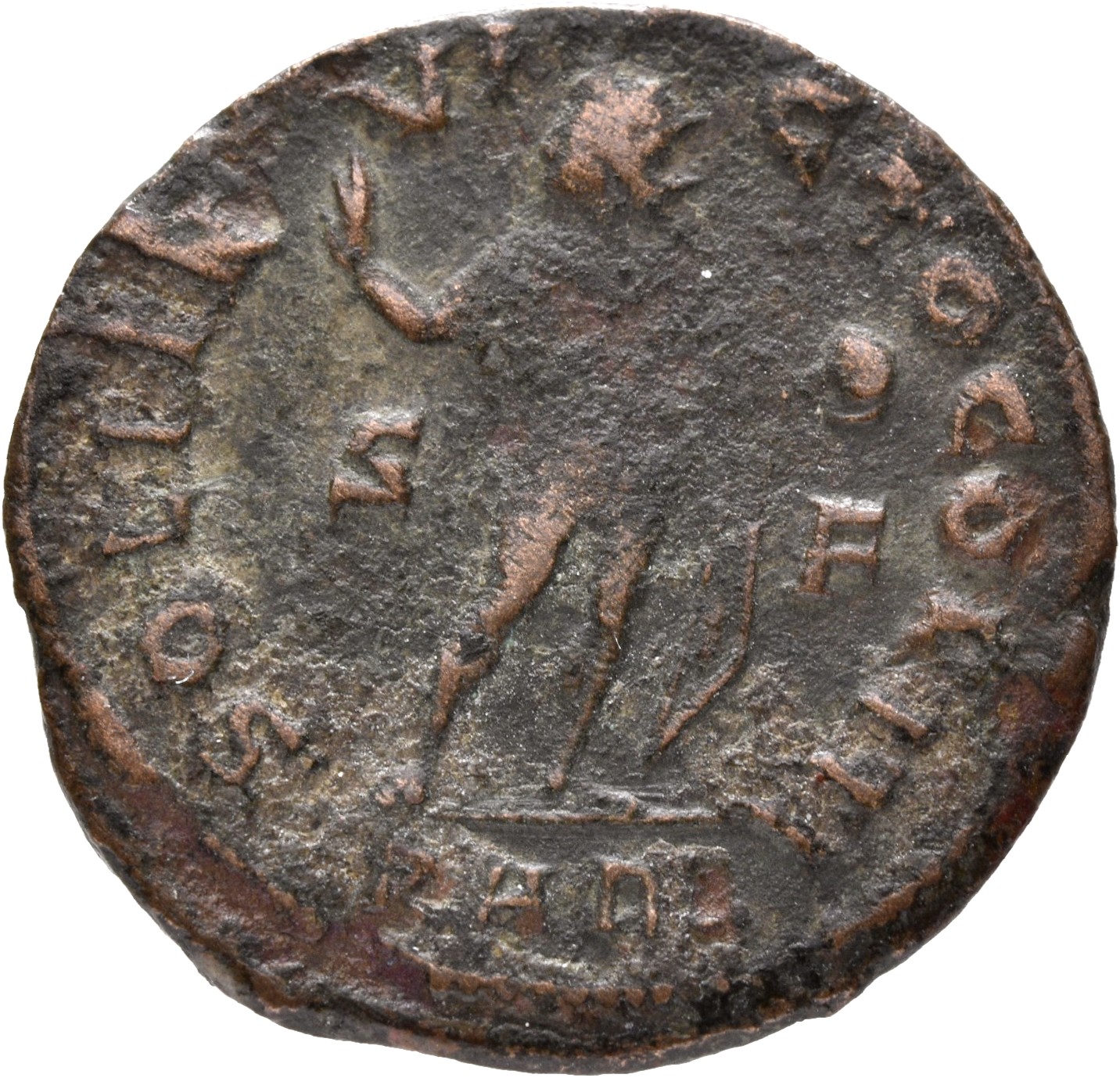 RIC VII Arelate 84 Constantine I reverse, Sol, radiate, chlamys draped across left shoulder, standing right, head left, ra...