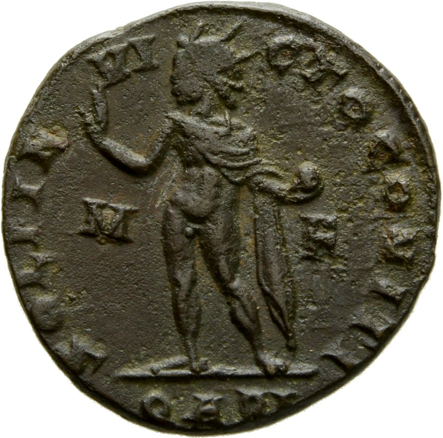 Constantine I reverse — Sol, radiate, chlamys draped across left shoulder, standing left, raising right hand and holding globe in left hand