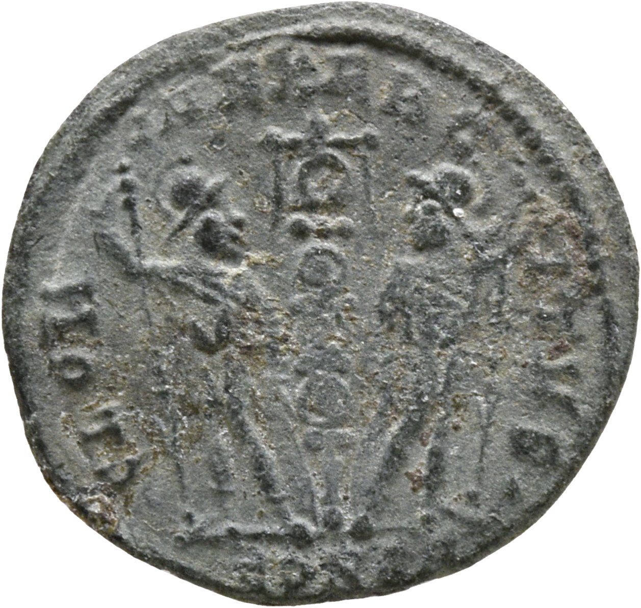 RIC VII Constantinople 137 Constantine I reverse, Two soldiers, helmeted, draped, cuirassed, standing facing each other, e...