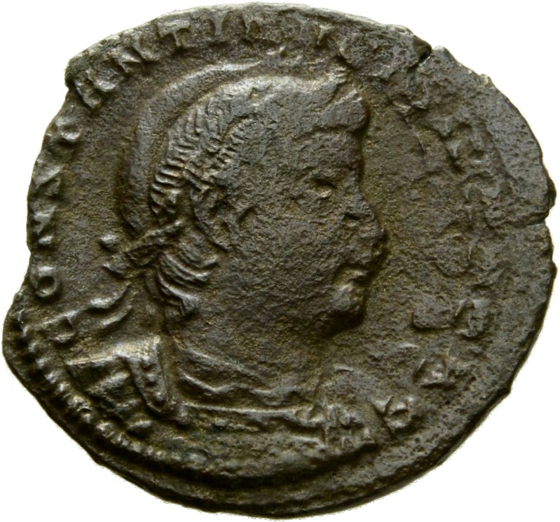 RIC VII Constantinople 138 Constantine I obverse, Bust of Constantine II, laureate, cuirassed, right