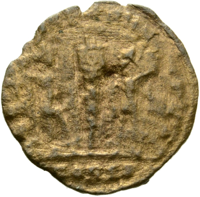 RIC VII Constantinople 139 Constantine I reverse, Two soldiers, helmeted, draped, cuirassed, standing facing each other, e...