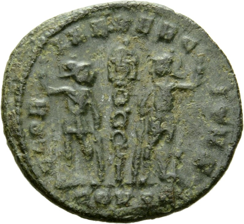 RIC VII Constantinople 143 Constantine I reverse, Two soldiers, helmeted, draped, cuirassed, standing facing each other, e...