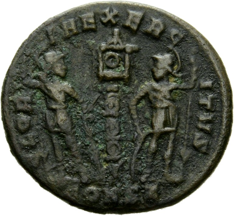RIC VII Constantinople 144 Constantine I reverse, Two soldiers, helmeted, draped, cuirassed, standing facing each other, e...
