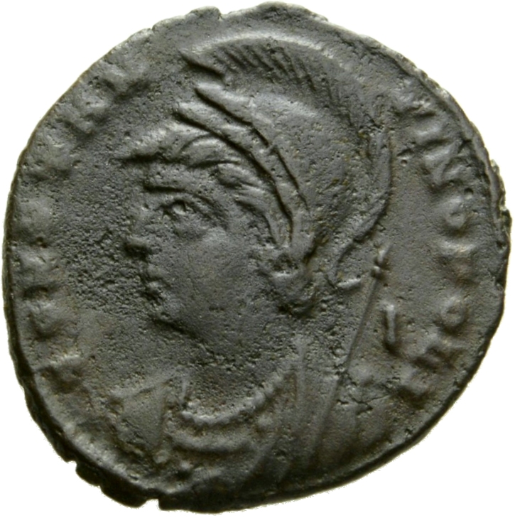 Constantine I obverse — Bust of Constantinopolis, laureate, helmeted, wearing imperial cloak, left, holding reversed spear in right hand