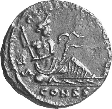 Constantine I reverse — Euphrates, draped to waist, seated right on ground, leaning on sceptre with right hand; beside him, urn; behind, reed