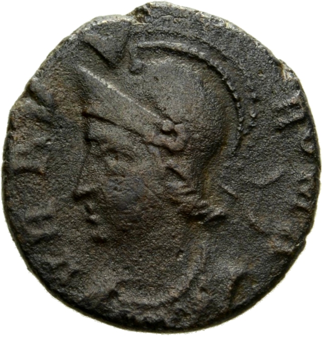 Constantine I obverse — Bust of Roma, helmeted, wearing imperial cloak, left