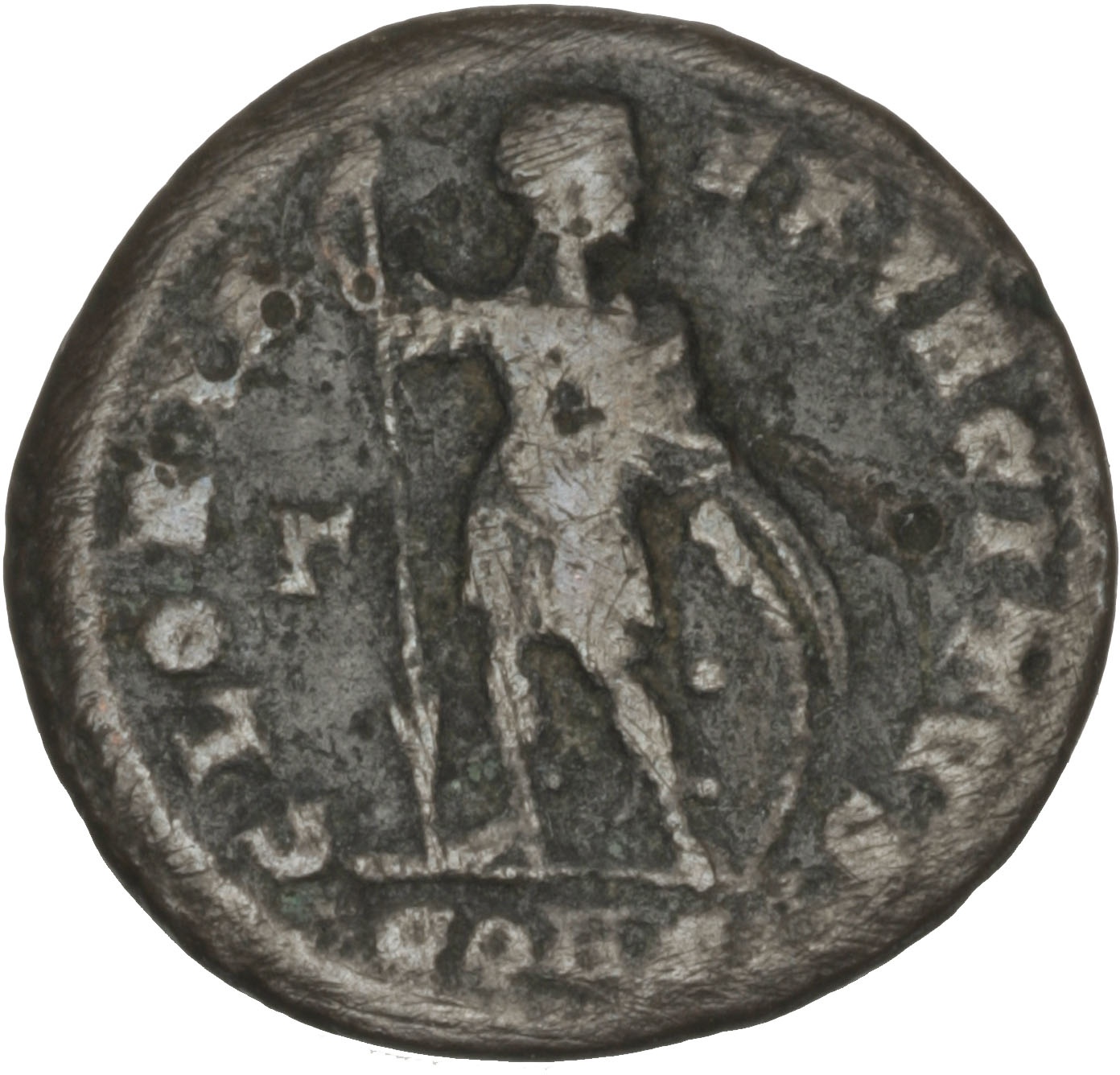 RIC VII Constantinople 16 Constantine I reverse, Soldier, draped, cuirassed, standing left, head right, holding reversed s...