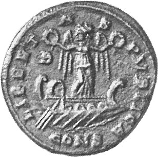 RIC VII Constantinople 18 Constantine I reverse, Victory, winged, draped, standing left on galley, holding a wreath in bot...