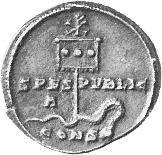 RIC VII Constantinople 19 Constantine I reverse, Legend across field; labarum with three medallions on drapery, crowned by...