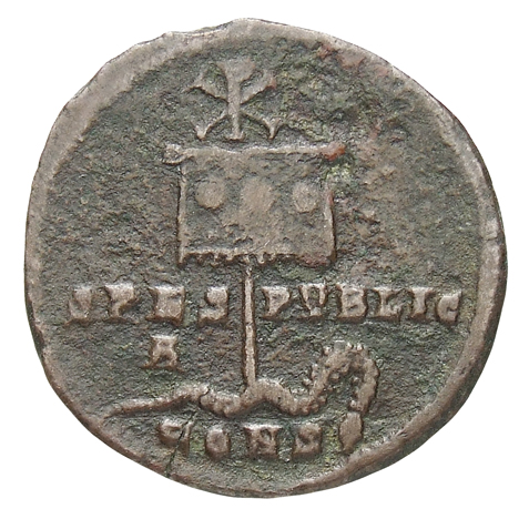 Constantine I reverse — Legend across field; labarum with three medallions on drapery, crowned by ☧, piercing serpent