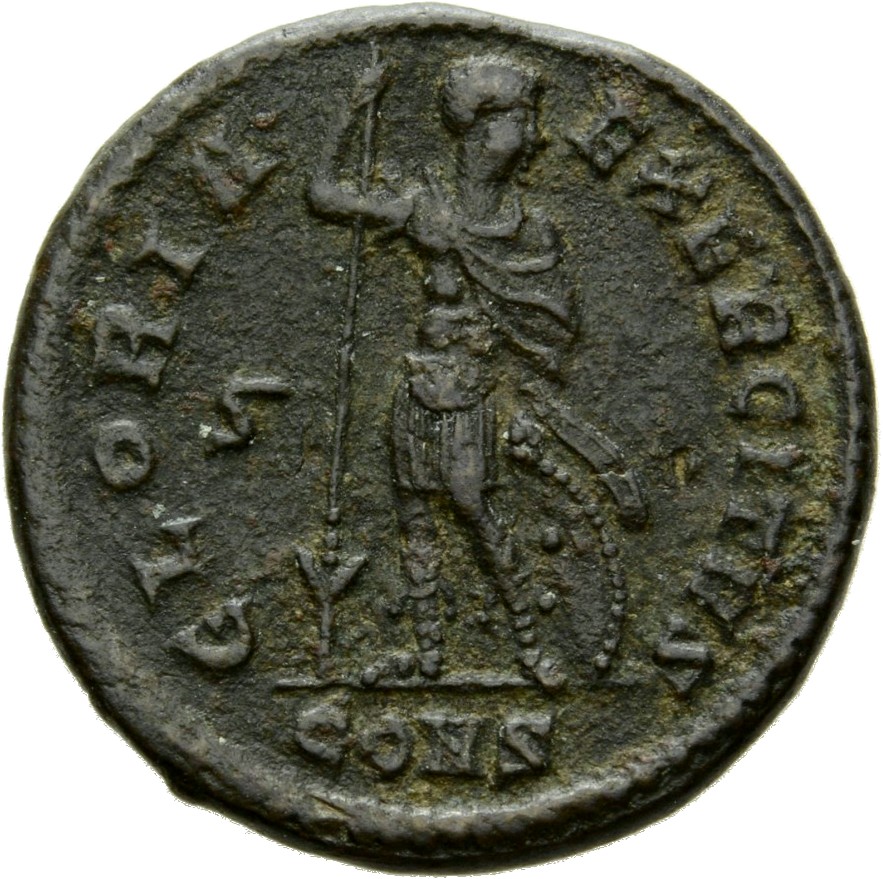 Constantine I reverse — Soldier, draped, cuirassed, standing left, head right, holding reversed spear in right hand and placing left hand on shield