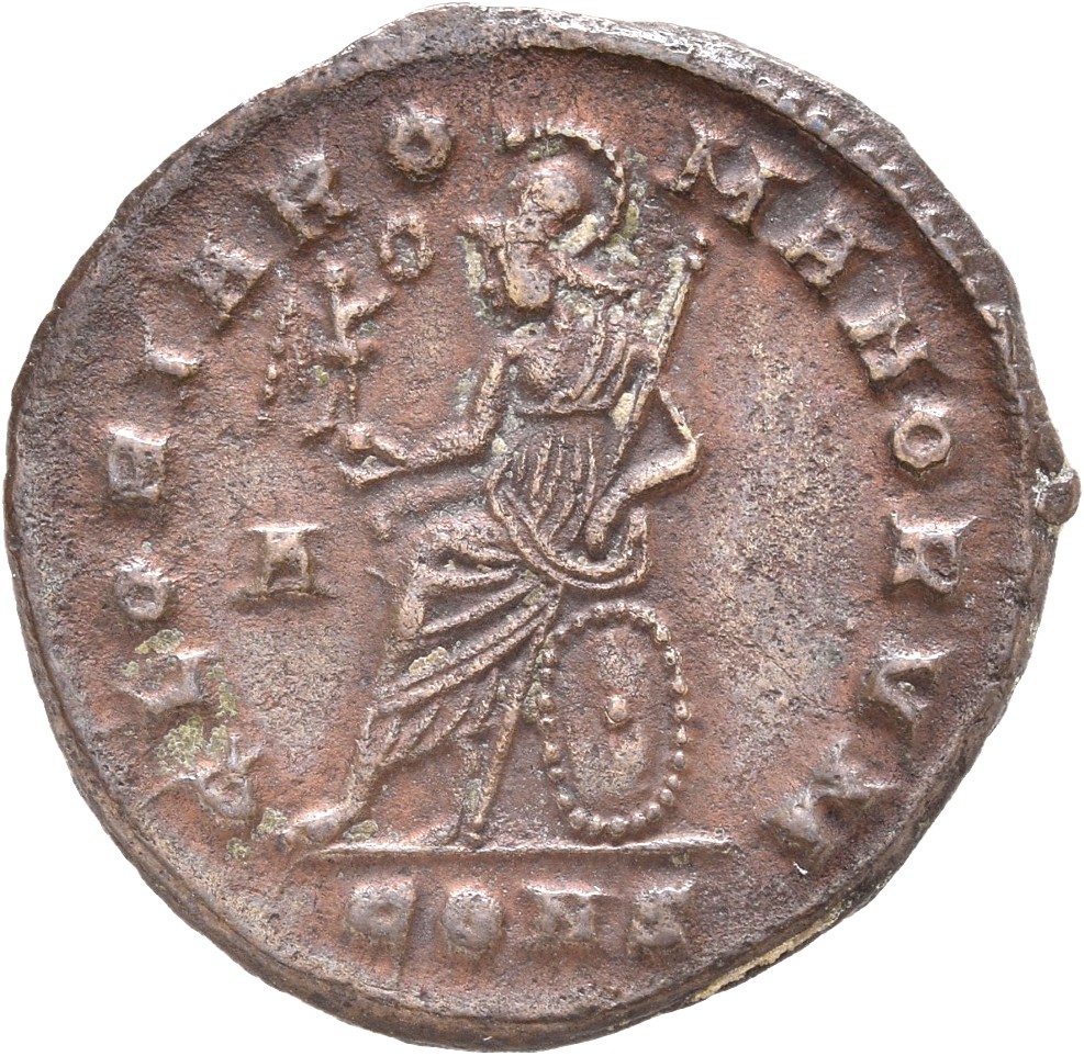 RIC VII Constantinople 23 Constantine I reverse, Roma, helmeted, draped, seated left on cuirass, holding Victory on globe ...