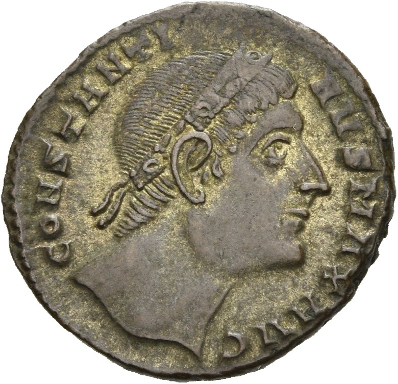 RIC VII Constantinople 32 Constantine I obverse, Head of Constantine I, rosette-diademed, right, looking upward