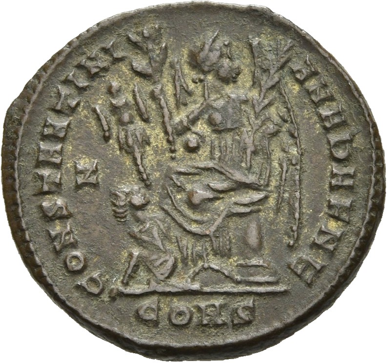 RIC VII Constantinople 32 Constantine I reverse, Victory, winged, draped, seated left on cippus, head right, holding palm ...