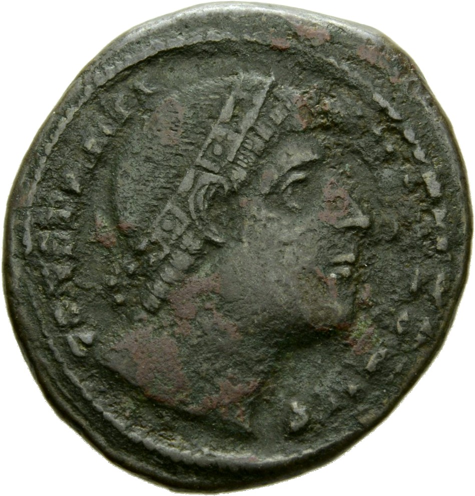 Constantine I obverse — Head of Constantine I, rosette-diademed, right, looking upward