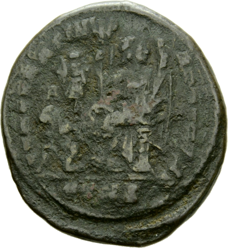Constantine I reverse — Victory, winged, draped, seated left on cippus, head right, holding palm in each hand; before her, trophy; at foot of trophy, kneeling captive, head turned, being spurned by Victory