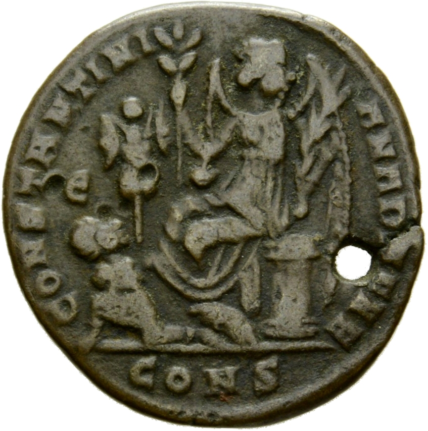 RIC VII Constantinople 35 Constantine I reverse, Victory, winged, draped, seated left on cippus, head right, holding palm ...