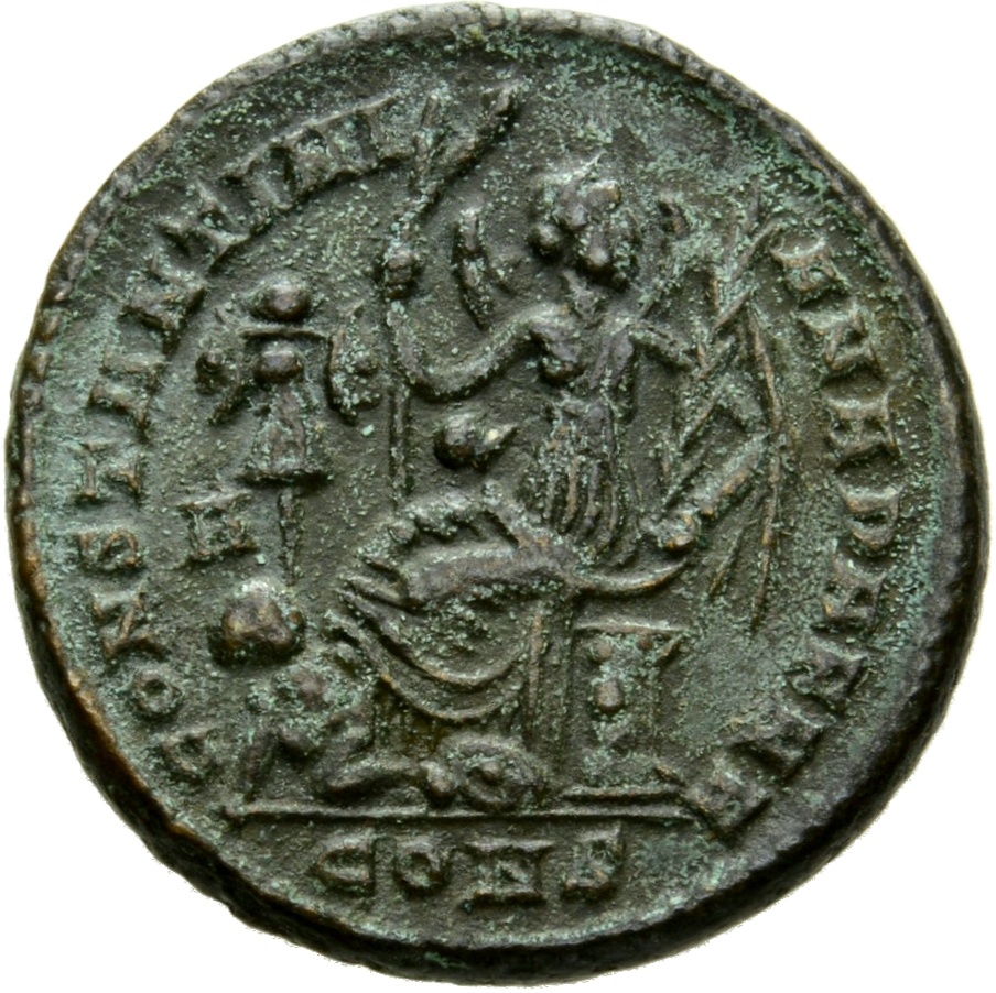 Constantine I reverse — Victory, winged, draped, seated left on cippus, head right, holding palm in each hand; before her, trophy; at foot of trophy, kneeling captive, head turned, being spurned by Victory