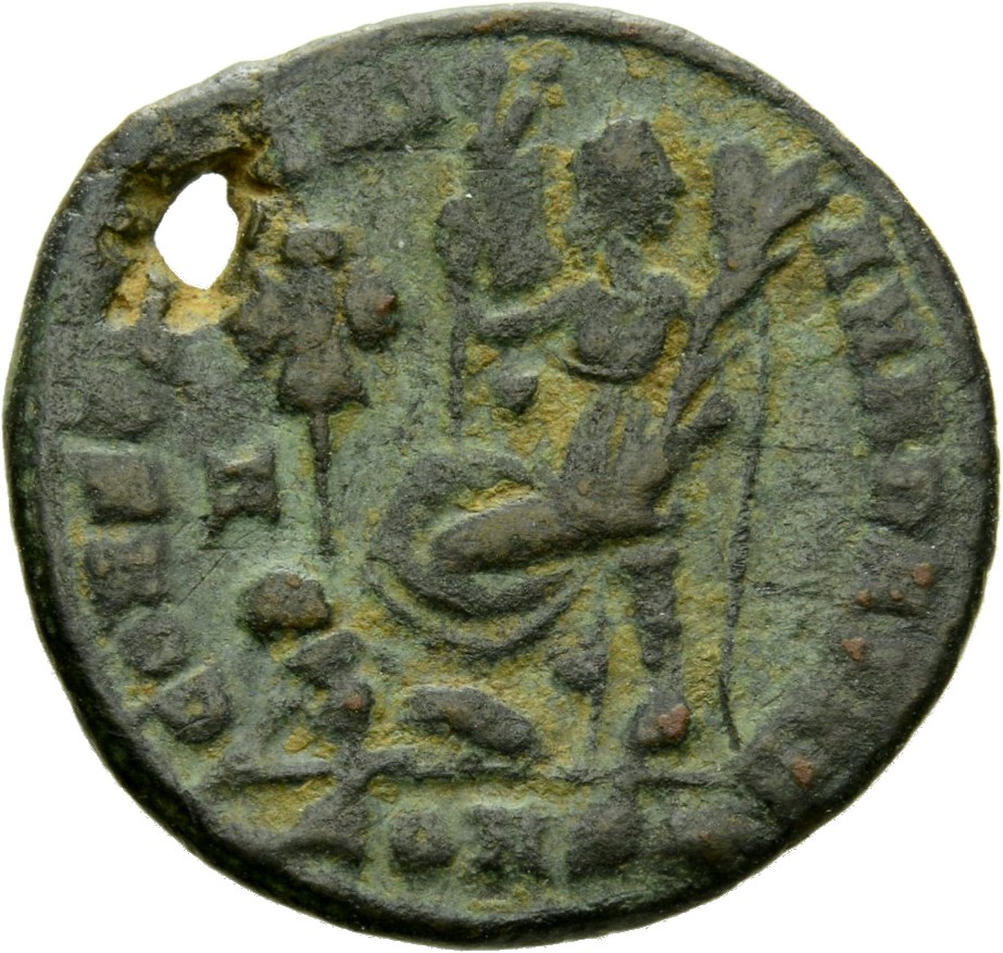 RIC VII Constantinople 38 Constantine I reverse, Victory, winged, draped, seated left on cippus, head right, holding palm ...