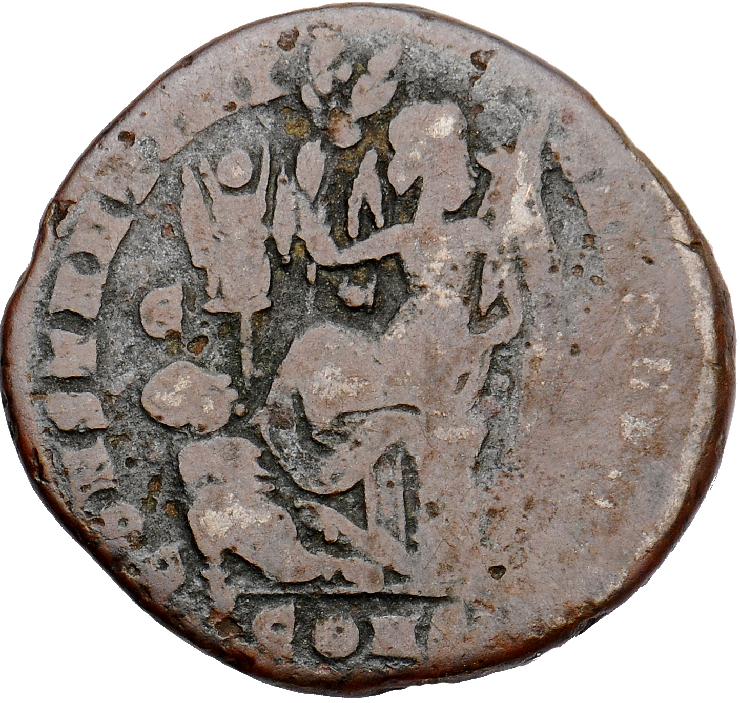 Constantine I reverse — Victory, winged, draped, seated left on cippus, head right, holding palm in each hand; before her, trophy; at foot of trophy, kneeling captive, head turned, being spurned by Victory
