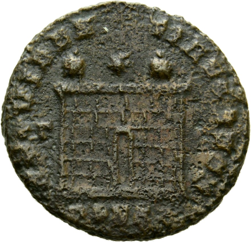 Constantine I reverse — Camp gate with two turrets, without doors, with five or six stone layers; star above