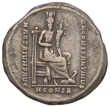 Constantine I reverse — Reverse legend in field; Tyche of Constantinople, draped, seated front on throne, holding cornucopiae in right hand, placing feet on prow