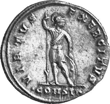 RIC VII Constantinople 58A Constantine I reverse, Soldier, helmeted, draped, cuirassed, standing left, head right, holding...