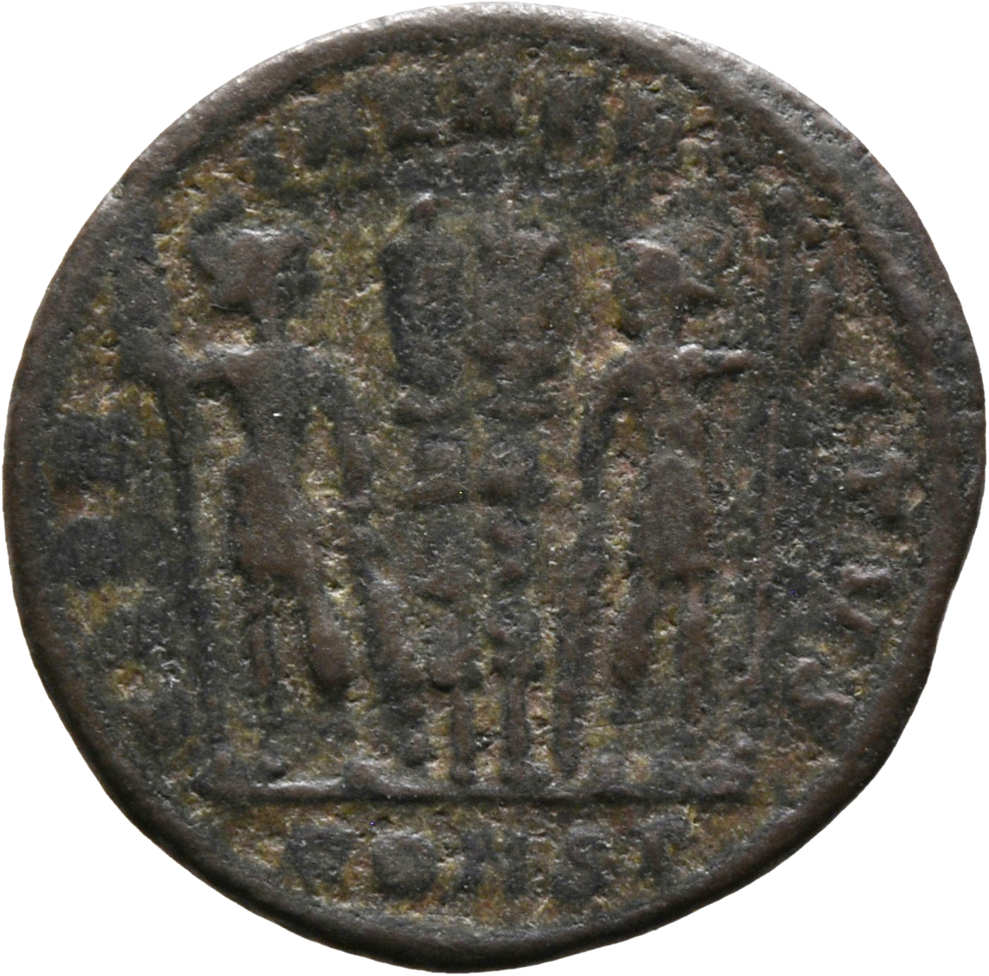 RIC VII Constantinople 60 Constantine I reverse, Two soldiers, helmeted, draped, cuirassed, standing facing each other, ea...