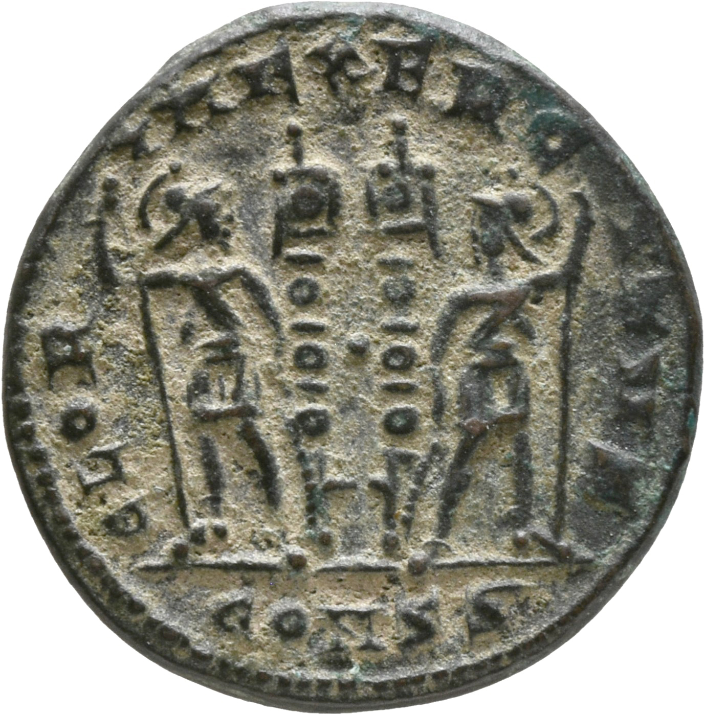 RIC VII Constantinople 61 Constantine I reverse, Two soldiers, helmeted, draped, cuirassed, standing facing each other, ea...