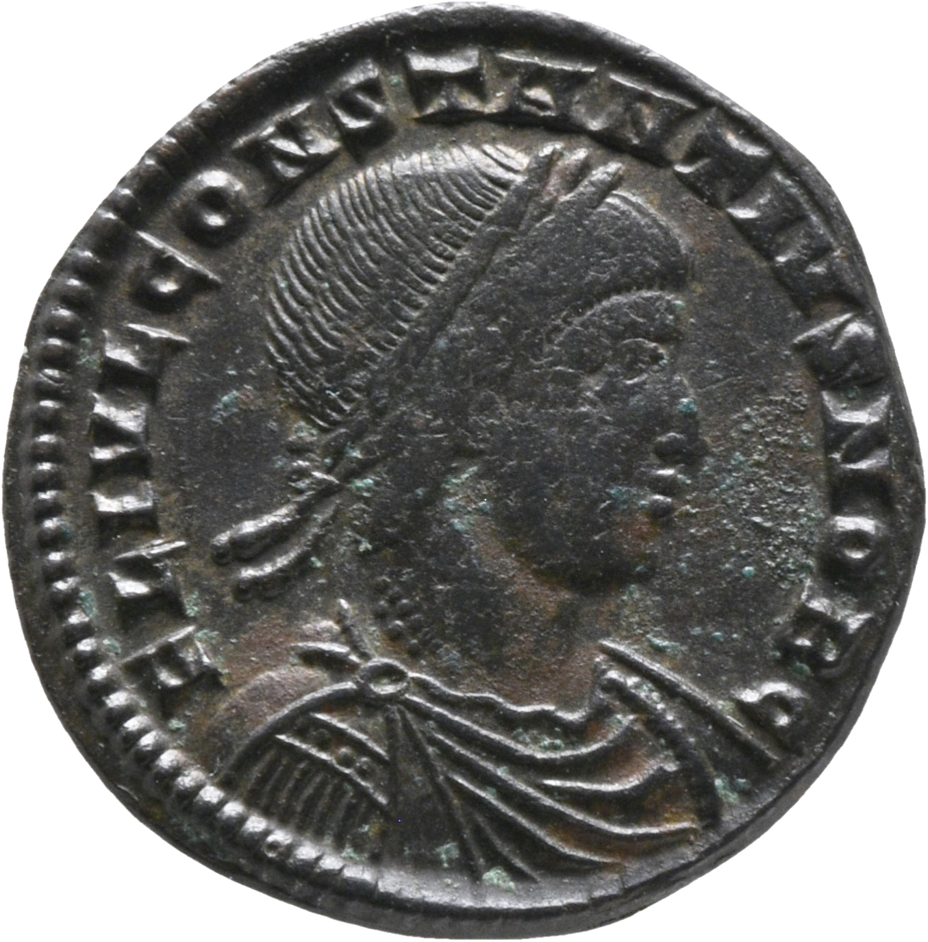 RIC VII Constantinople 61 Constantine I obverse, Bust of Constantius II, laureate, draped, cuirassed, right