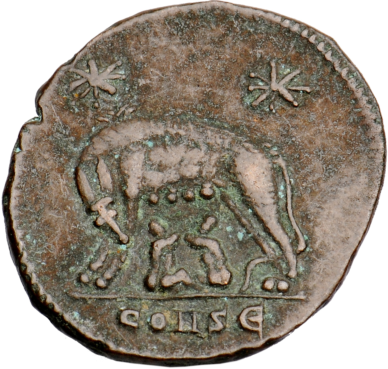 RIC VII Constantinople 62 Constantine I reverse, She-wolf, standing left, suckling twins; above, two stars