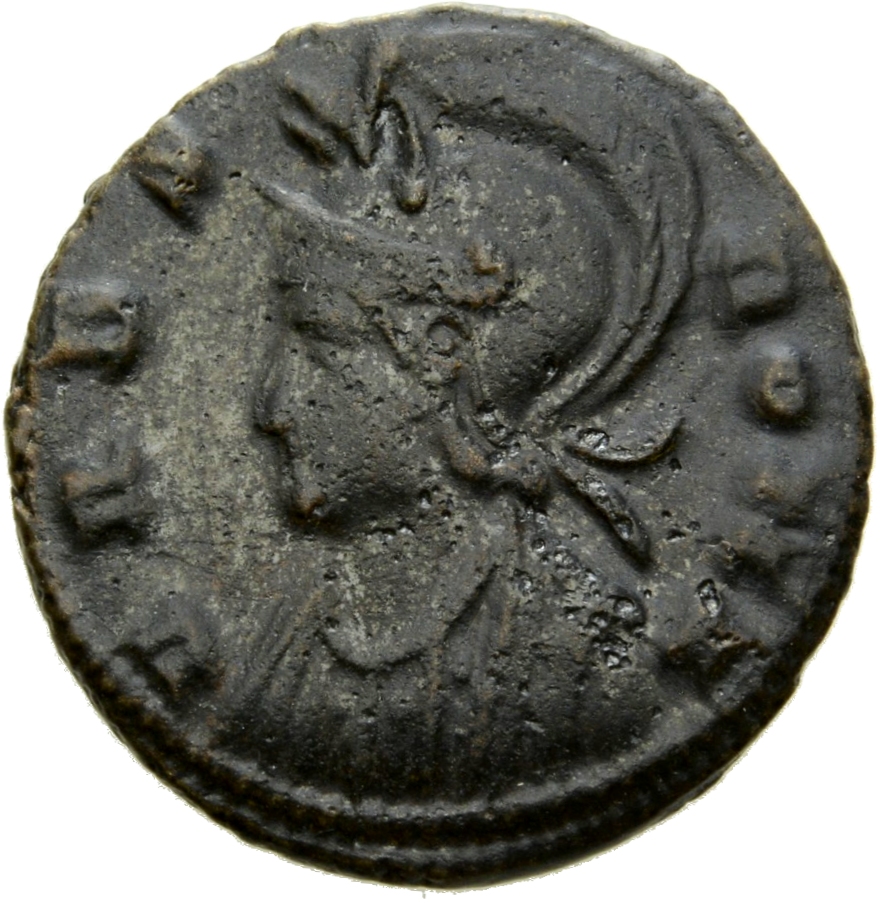 RIC VII Constantinople 62 Constantine I obverse, Bust of Roma, helmeted, wearing imperial cloak, left