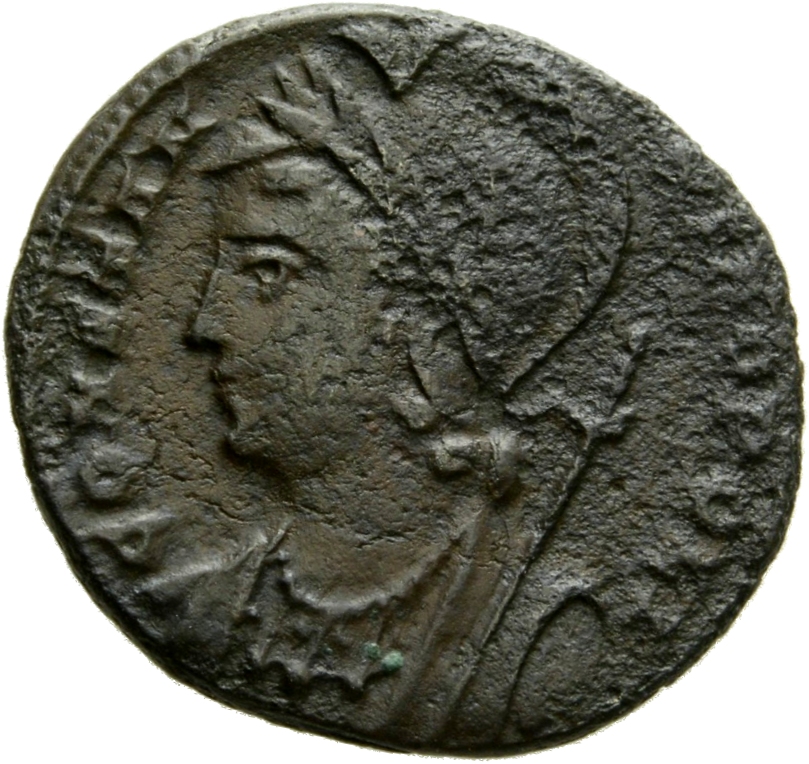 RIC VII Constantinople 63 Constantine I obverse, Bust of Constantinopolis, laureate, helmeted, wearing imperial cloak, lef...
