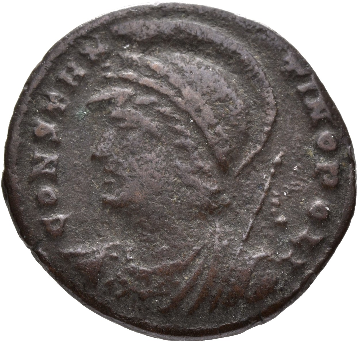 Constantine I obverse — Bust of Constantinopolis, laureate, helmeted, wearing imperial cloak, left, holding reversed spear in right hand