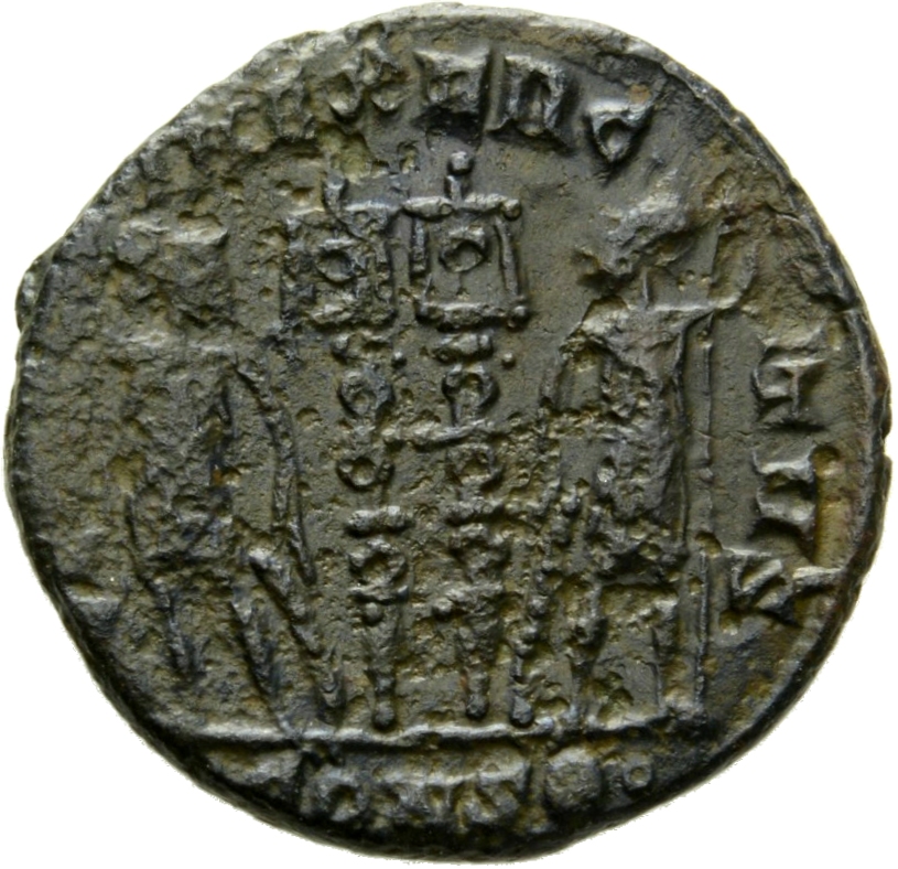 Constantine I reverse — Two soldiers, helmeted, draped, cuirassed, standing facing each other, each holding reversed spear in outer hand and resting inner hand on shield; between them, two standards