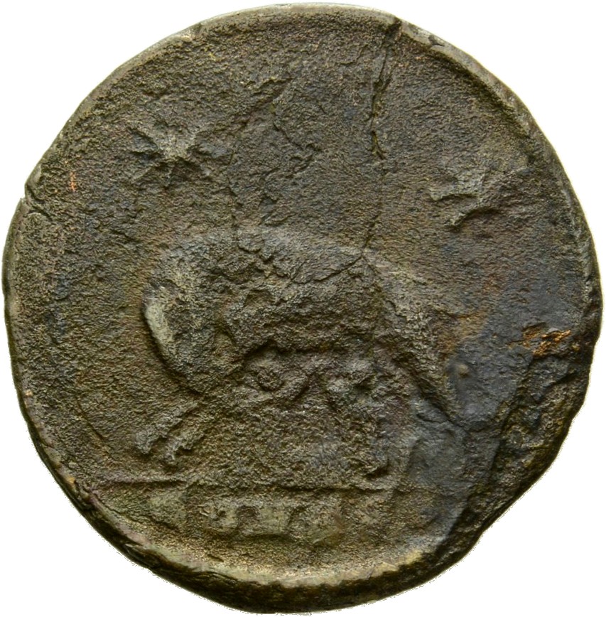 RIC VII Constantinople 78 Constantine I reverse, She-wolf, standing left, suckling twins; above, two stars