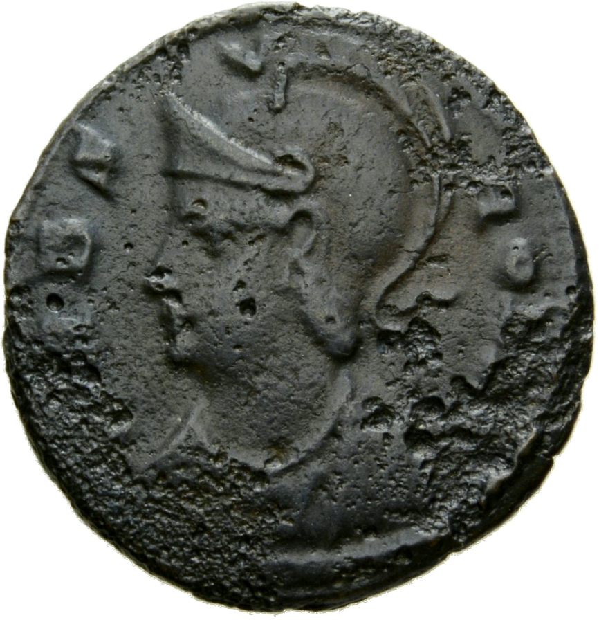 Constantine I obverse — Bust of Roma, helmeted, wearing imperial cloak, left