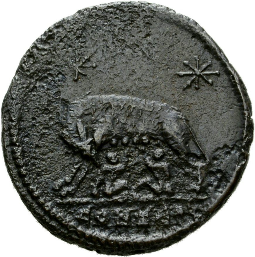 Constantine I reverse — She-wolf, standing left, suckling twins; above, two stars