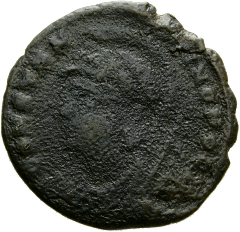 Constantine I obverse — Bust of Constantinopolis, laureate, helmeted, wearing imperial cloak, left, holding reversed spear in right hand