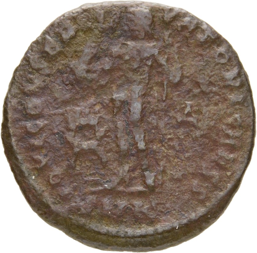 RIC VII Cyzicus 10 Licinius reverse, Jupiter, nude, chlamys draped across left shoulder, standing left, holding Victory on...